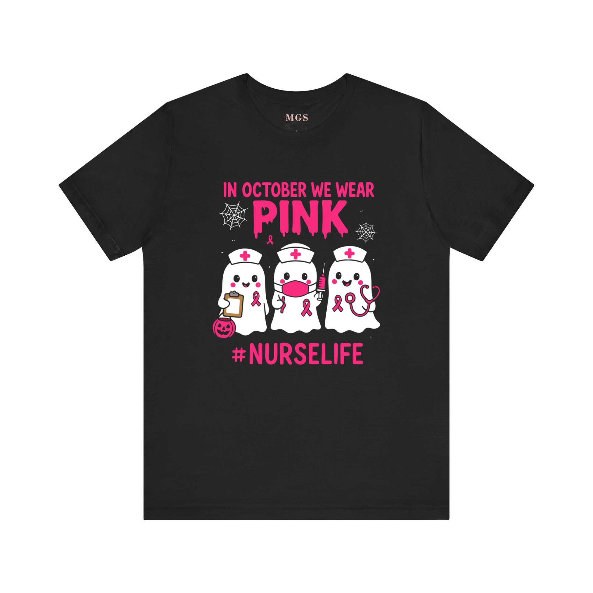 In October We Wear Pink Nurse Shirt – Halloween Ghost Nurse Breast Cancer Awareness Tee Short