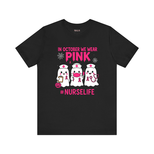 In October We Wear Pink Nurse Shirt – Halloween Ghost Nurse Breast Cancer Awareness Tee Short