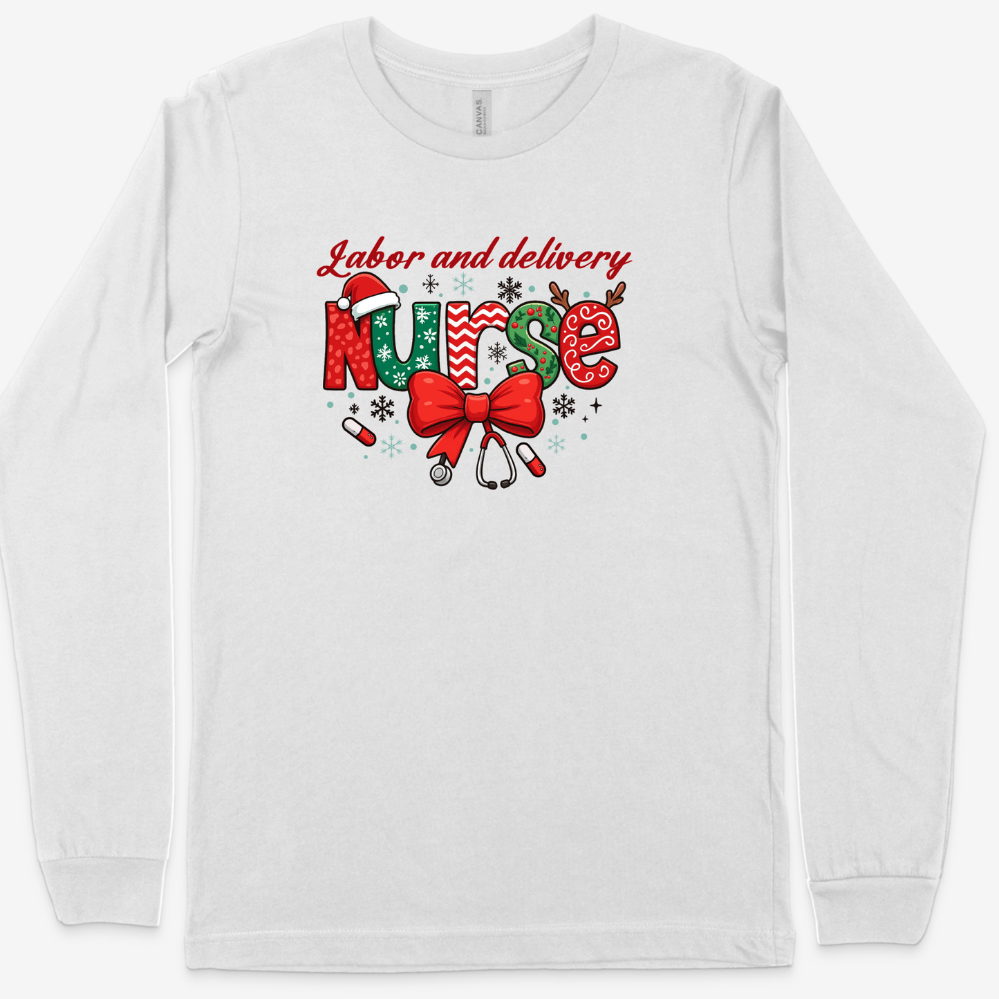 Labor and Delivery Nurse Christmas Shirt – Funny Holiday Nurse Tee for L&D Nurses, OB Staff & Healthcare Workers | Festive Medical Christmas Gift Long