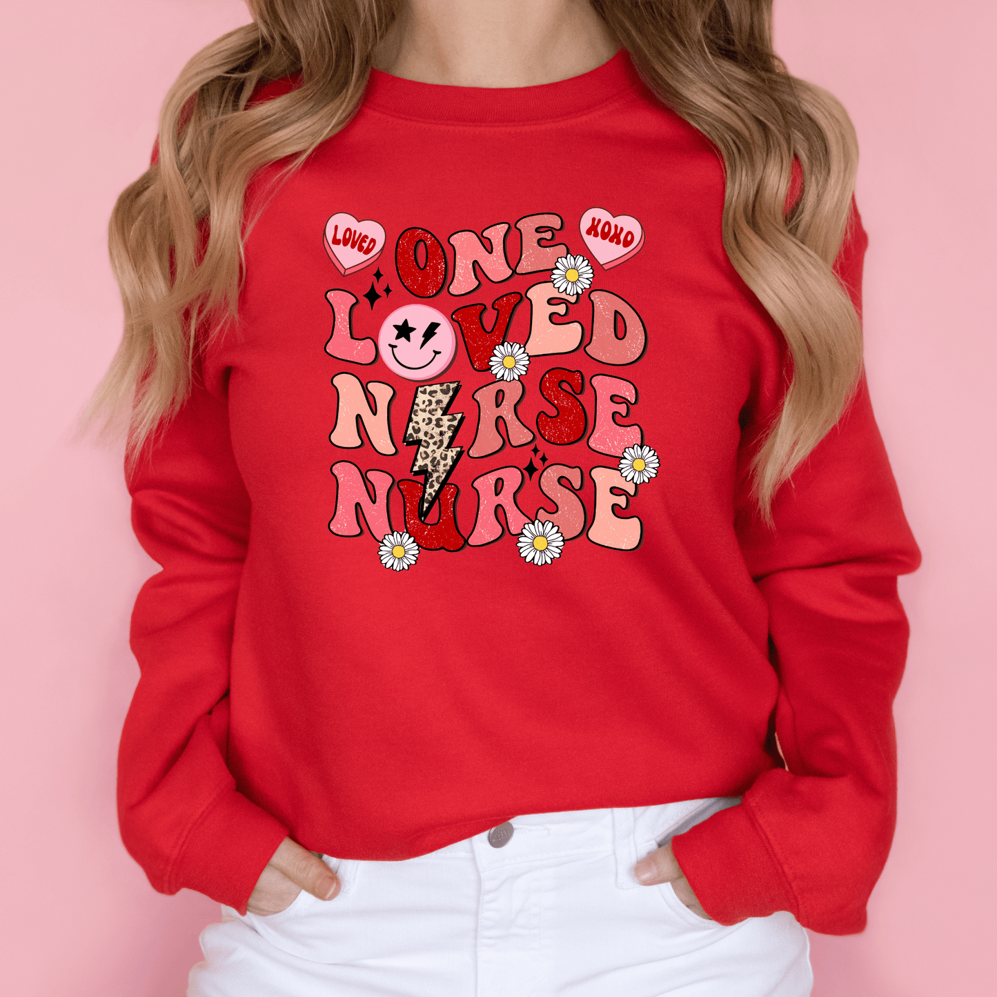Loved Nurse Valentine Crewneck Sweatshirt Red Long