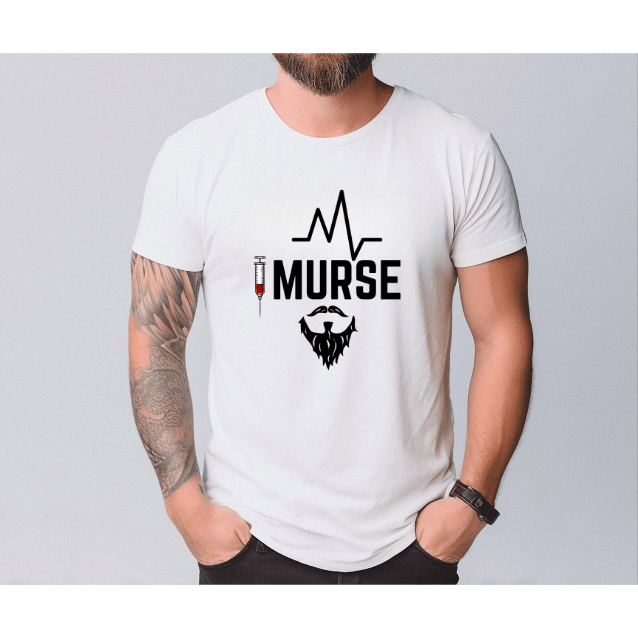 Murse Shirt – Funny Male Nurse Long Sleeve Tee with Beard & Syringe Design, Nurse Appreciation Gift for RNs, LPNs, Healthcare Workers White