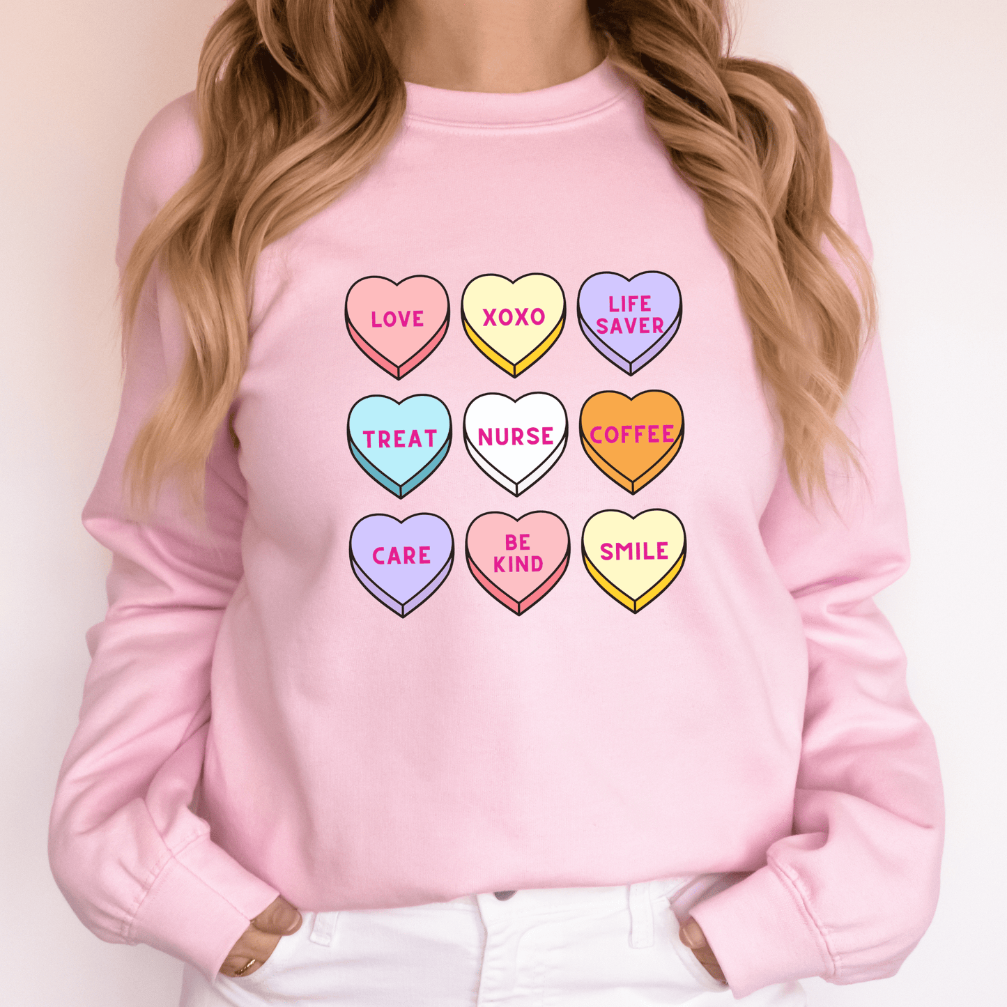 Nurse Conversation Hearts Sweatshirt – Valentine’s Day Nurse Crewneck Light Pink Long