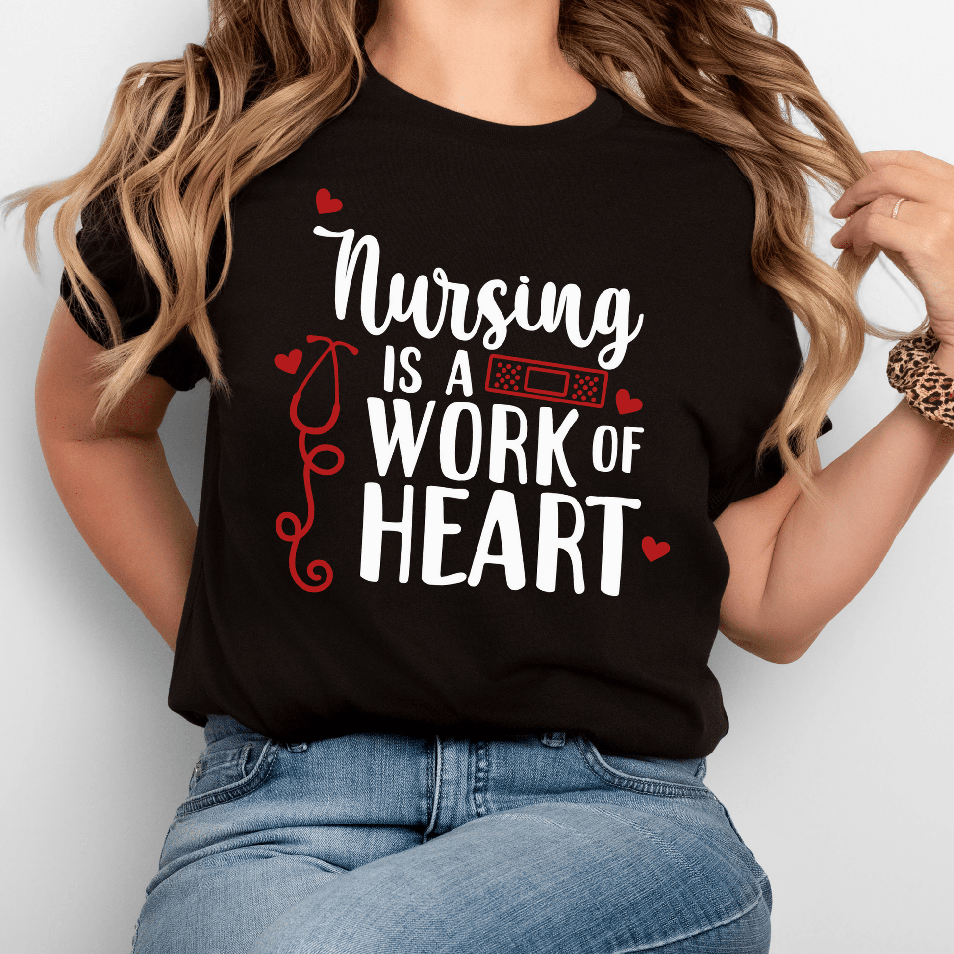 Nursing Is A Work of Heart Women’s Adult T-Shirt – Inspirational Healthcare Apparel for Nurses Black