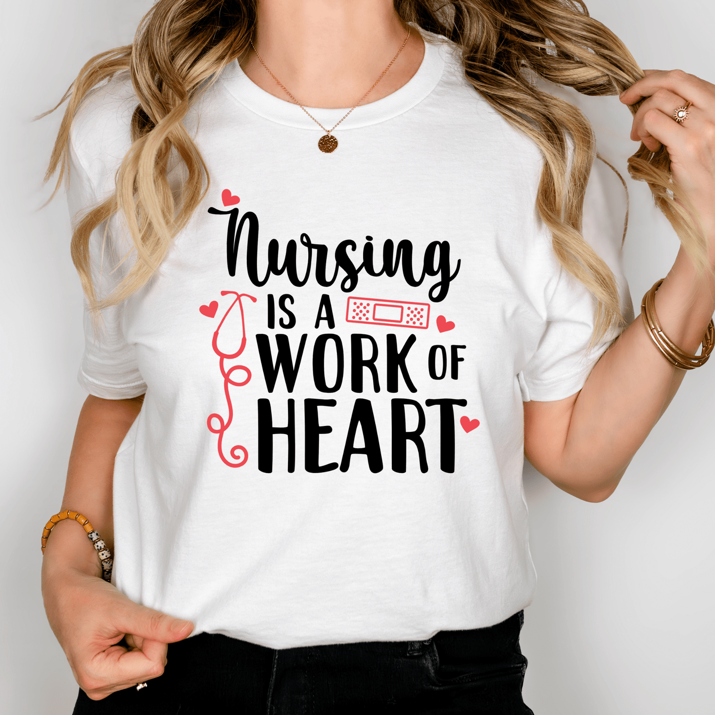 Nursing Is A Work of Heart Women’s Adult T-Shirt – Inspirational Healthcare Apparel for Nurses White