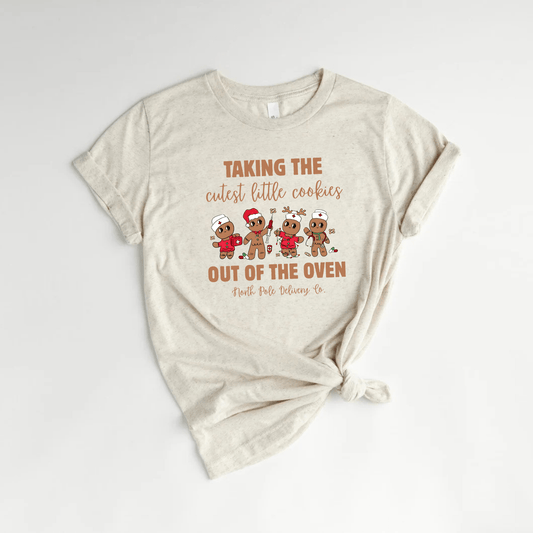 OB Nurse Christmas Shirt – Taking the Cutest Little Cookies Out of the Oven | Labor & Delivery Holiday Tee| North Pole Delivery Co