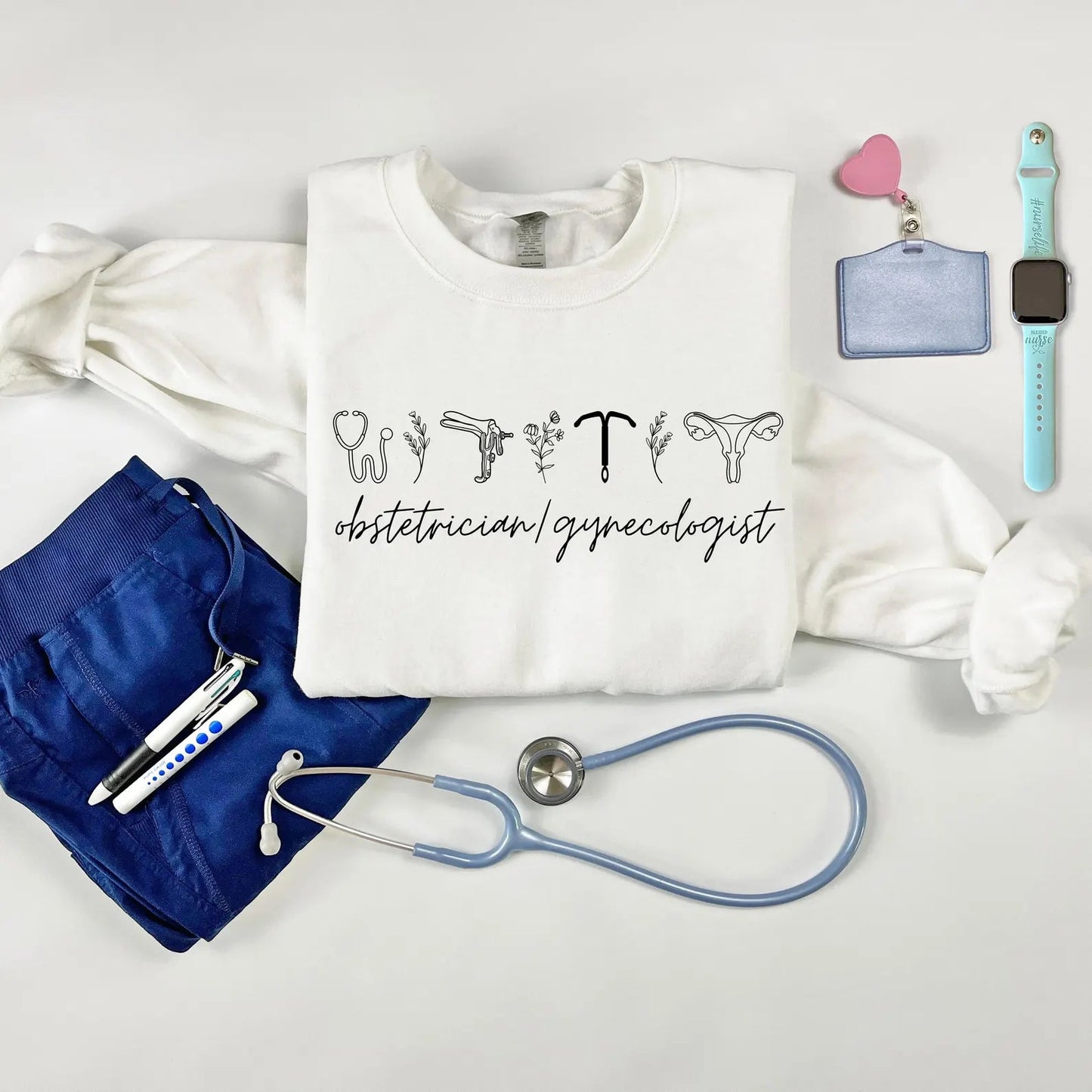 OB/GYN Crewneck Sweatshirt for Women – Cozy Medical Pullover for Obstetricians & Gynecologists White