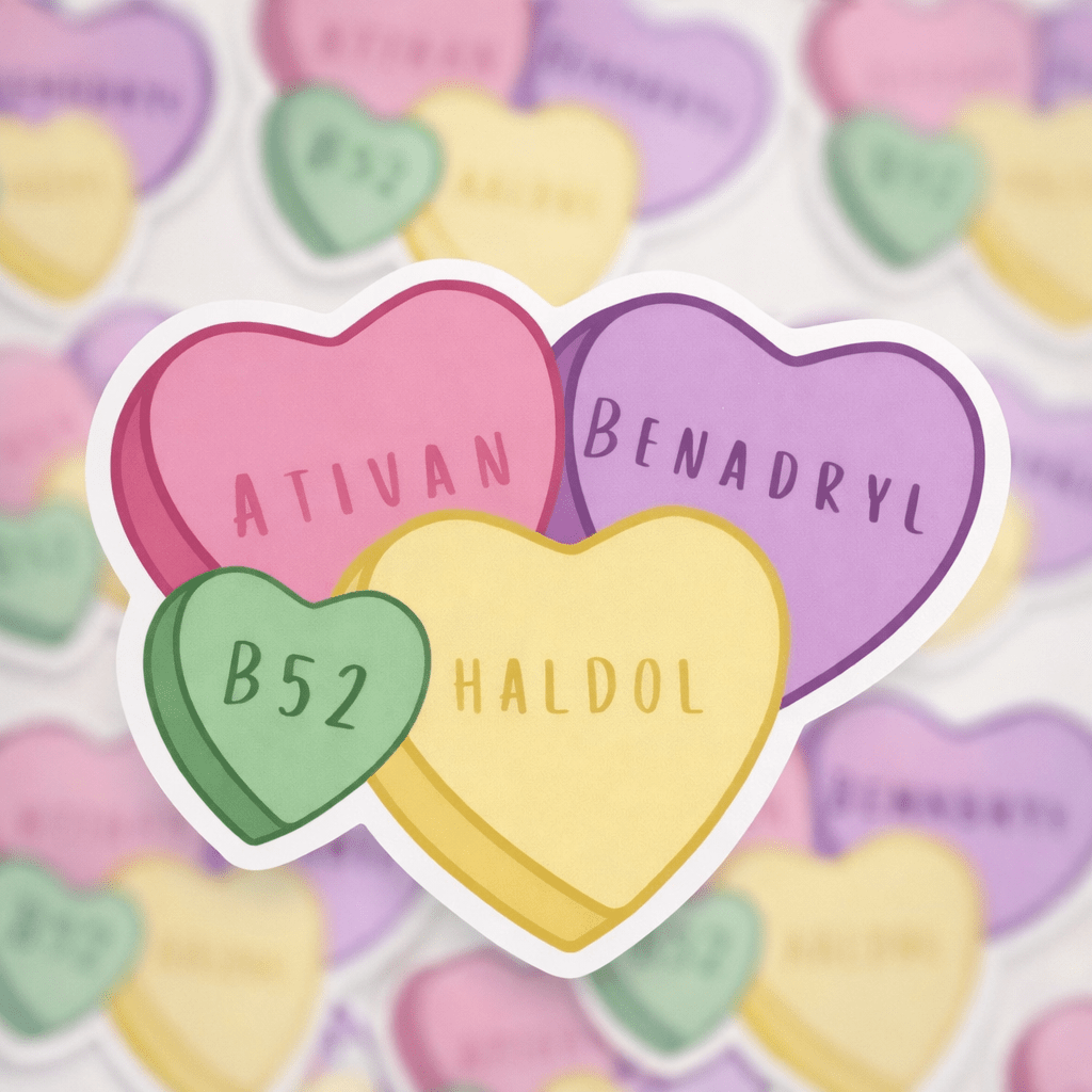 Psych Med Candy Hearts Sticker | Ativan Benadryl Haldol B52 | Dark Humor Nurse Sticker | EMS ER Psych RN Gift | Vinyl Decal