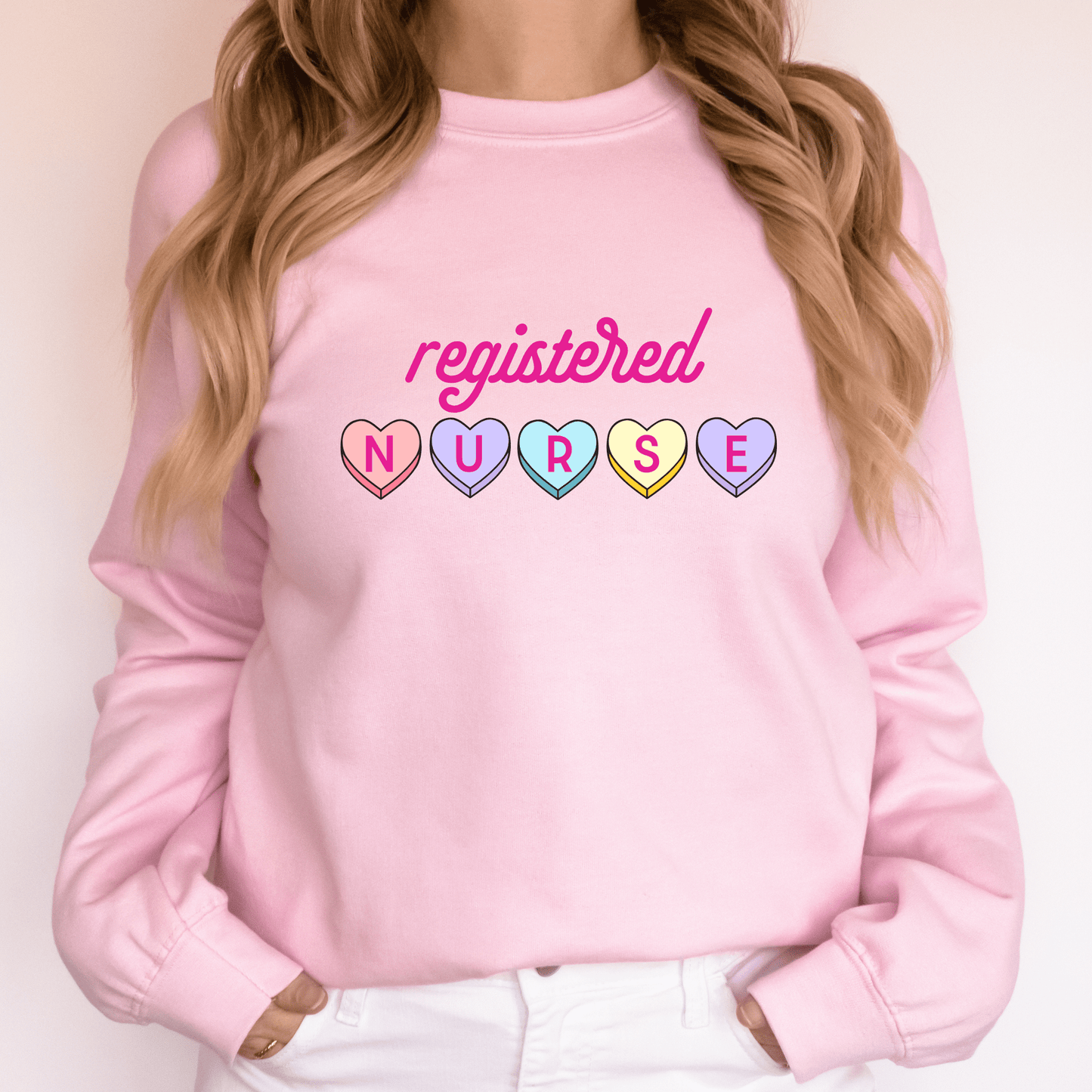 Registered Nurse Hearts Crewneck Sweatshirt Light Pink Long