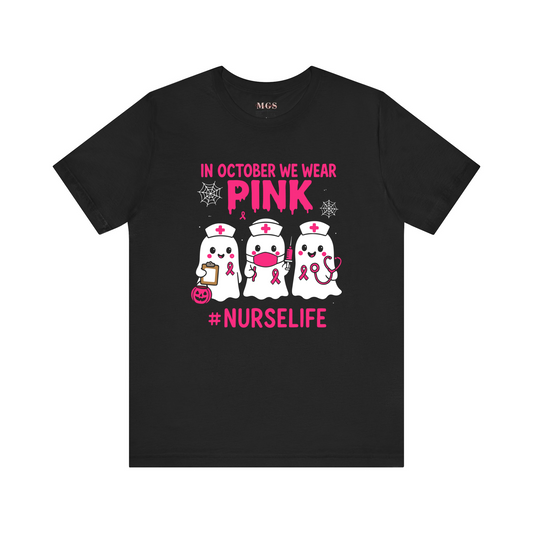 In October We Wear Pink Nurse Shirt – Halloween Ghost Nurse Breast Cancer Awareness Tee