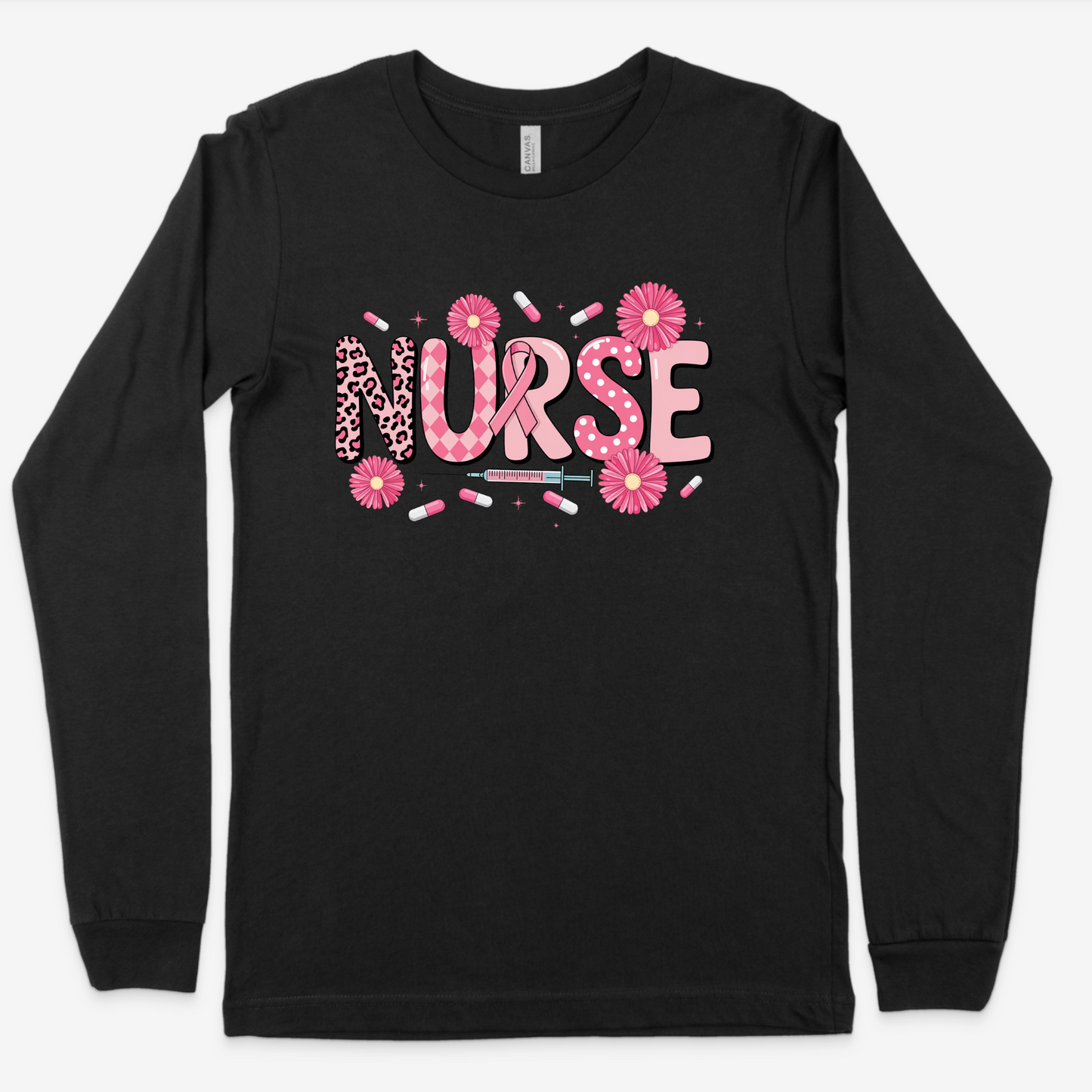 Nurse Pink Ribbon Long Sleeve Shirt – Cute Breast Cancer Awareness Nursing Tee
