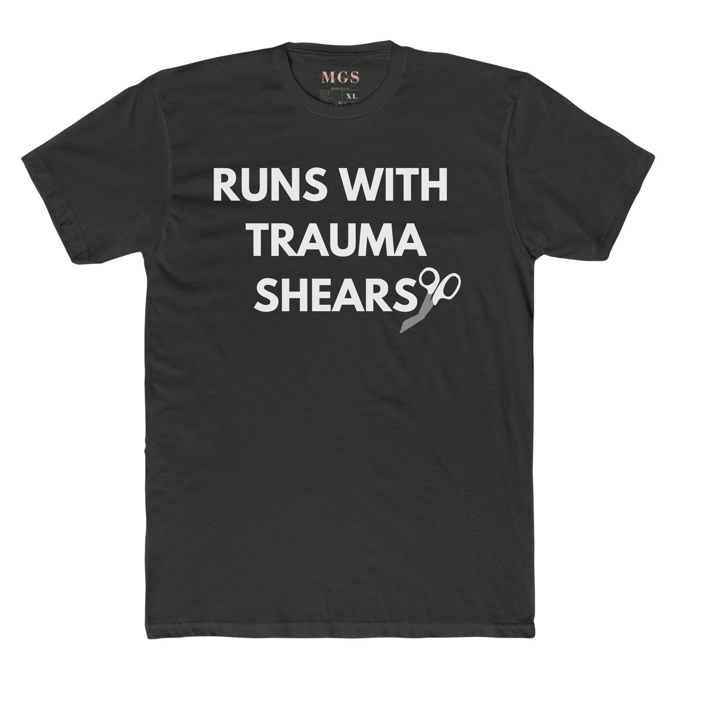 Runs With Trauma Shears Nurse/EMS Unisex Adult T-Shirt – Tough & Practical Healthcare Apparel Dark Heather Gray