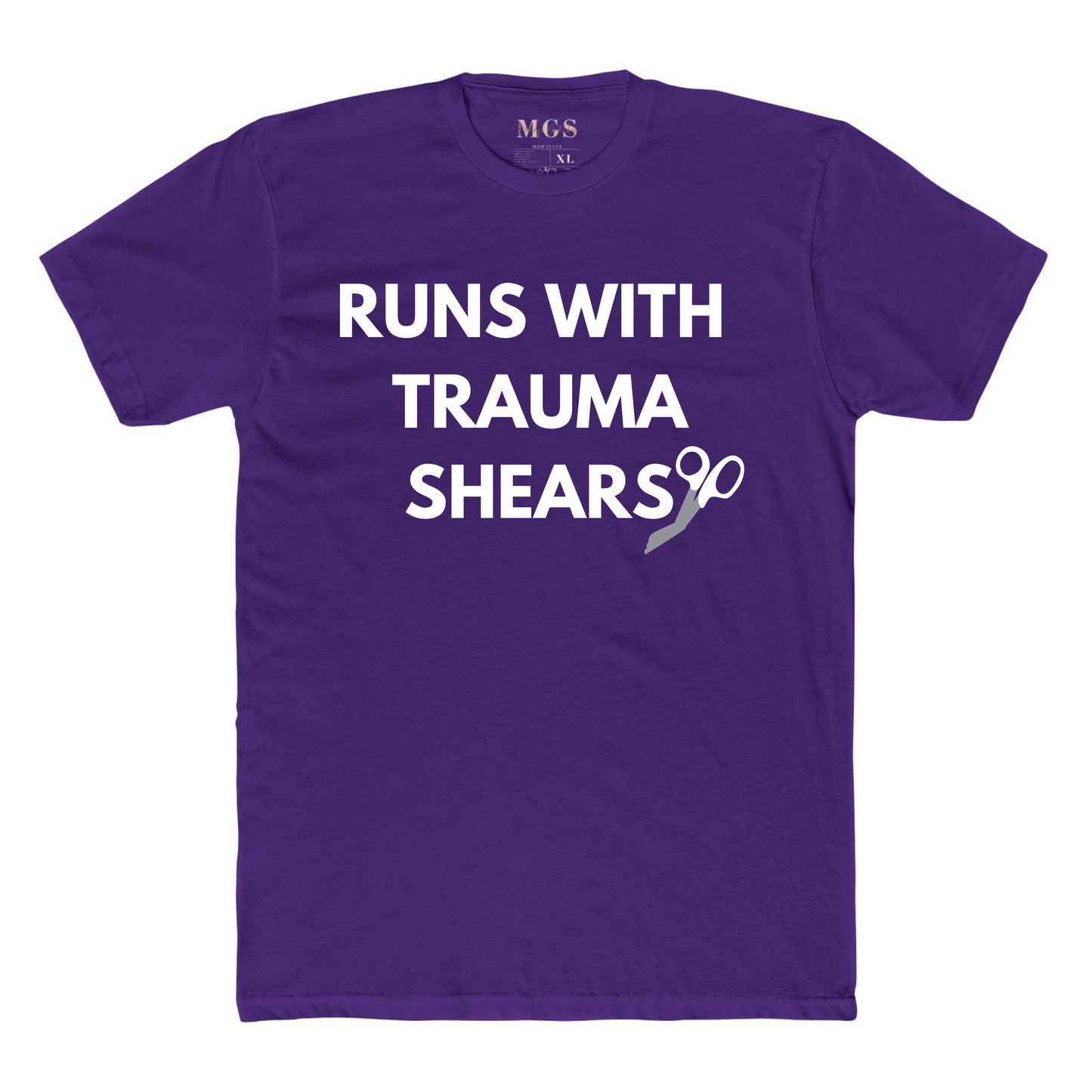 Runs With Trauma Shears Nurse/EMS Unisex Adult T-Shirt – Tough & Practical Healthcare Apparel Purple