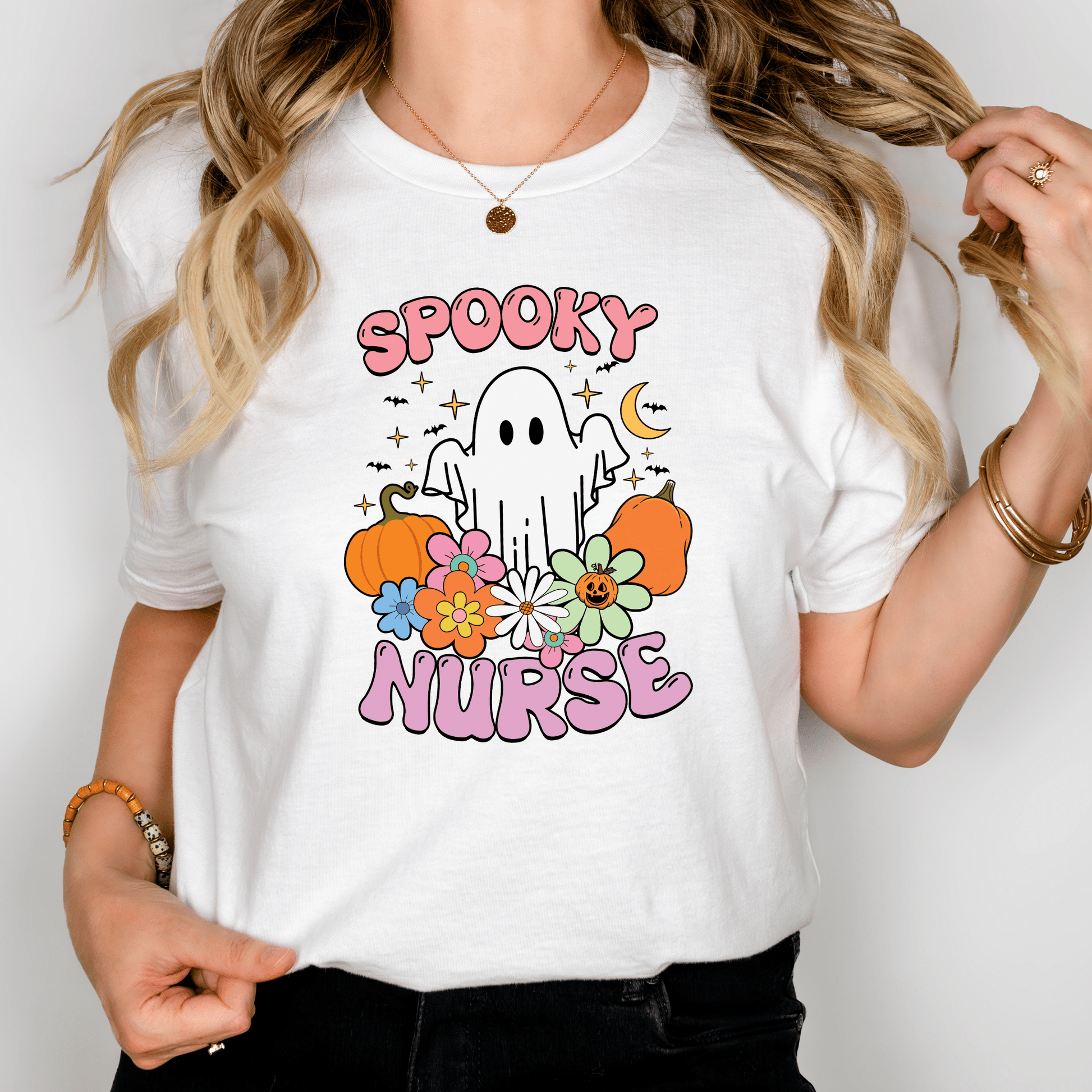 Spooky Nurse Halloween Shirt – Cute Ghost & Pumpkin Floral Tee for Nurses and Healthcare Workers