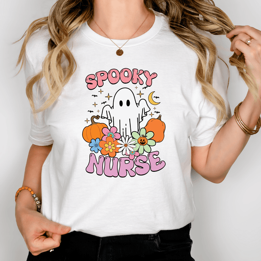 Spooky Nurse Halloween Shirt – Cute Ghost & Pumpkin Floral Tee for Nurses and Healthcare Workers