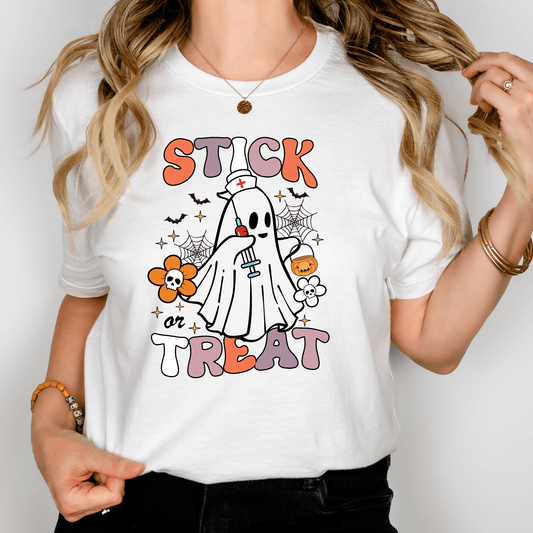 Stick or Treat Halloween Nurse Shirt – Cute Ghost Syringe Tee for Medical Workers & RNs