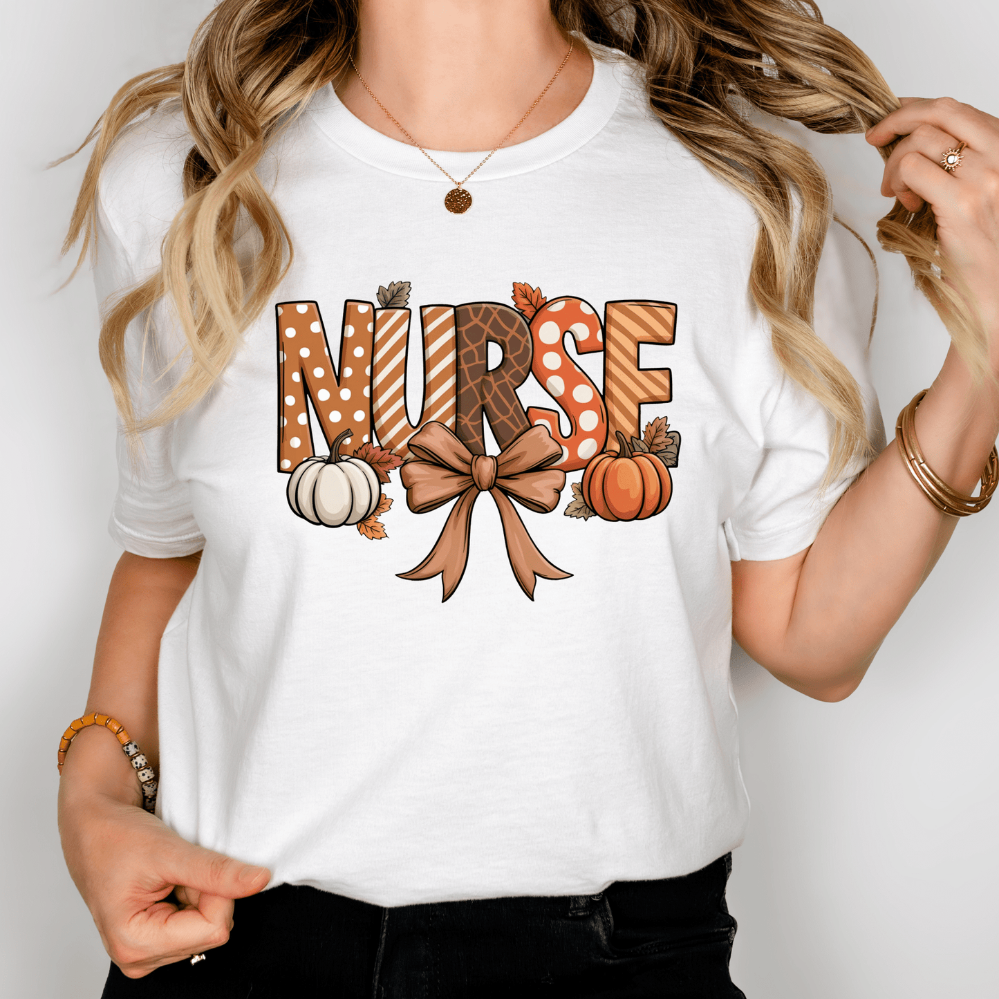 Thanksgiving Nurse Shirt – Festive Fall Tee with Turkey & Pumpkin Design | Cute Nurse Thanksgiving Gift for RN, LPN, CNA & Healthcare Workers Short Solid White