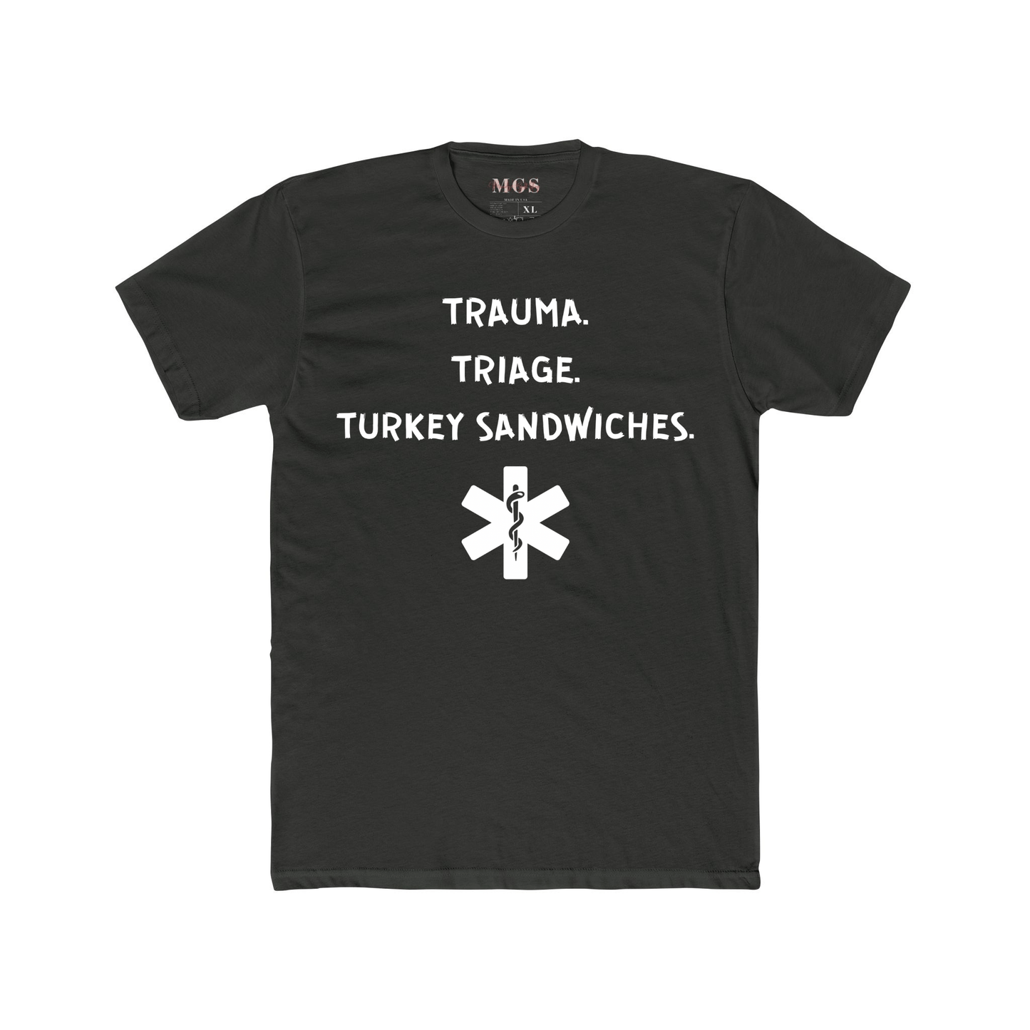 Triage. Trauma. Turkey Sandwiches T-Shirt – Funny Healthcare Apparel for Nurses & EMS Dark Heather Gray