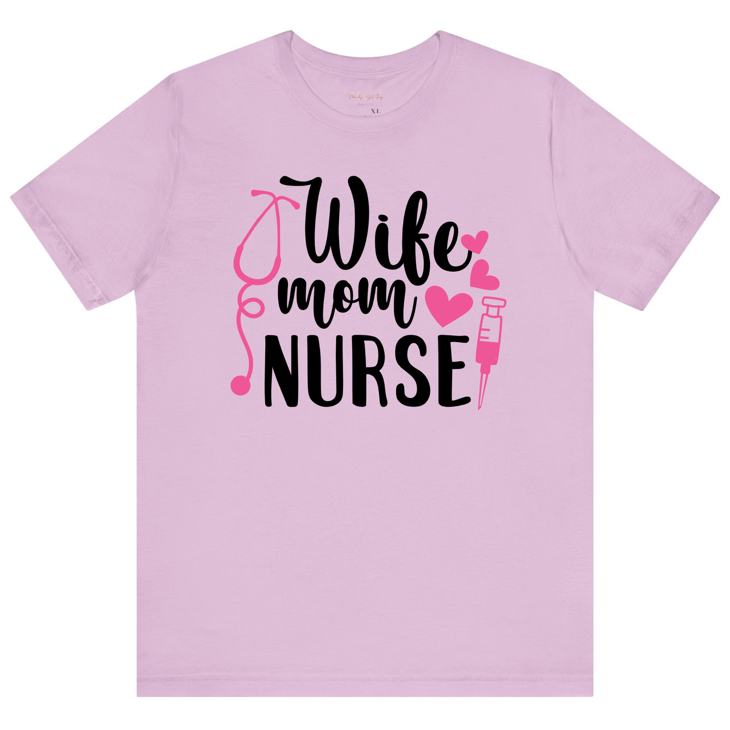 Wife, Mom, Nurse Women’s Adult T-Shirt – Proud Healthcare Apparel for Multitasking Nurses Lilac